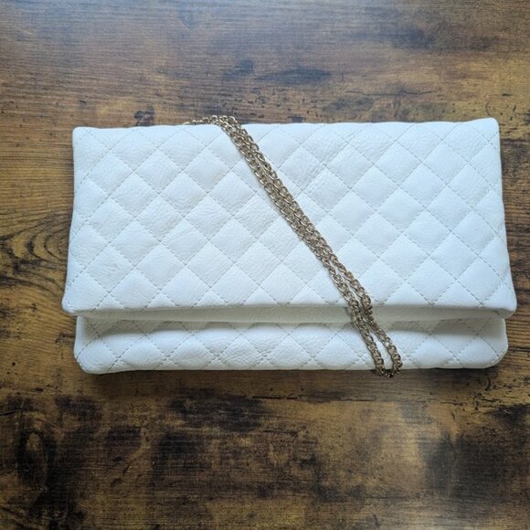 Handbags - White Quilted Flap Over Clutch
